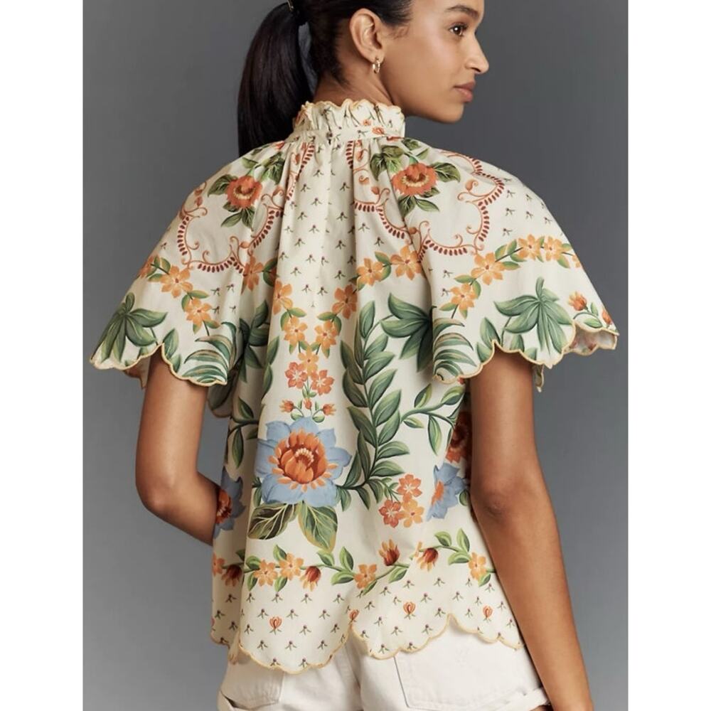 FARM Rio Anthro Short Sleeve High Neck Floral Printed Cotton Blouse Top Sz S - Picture 2 of 6